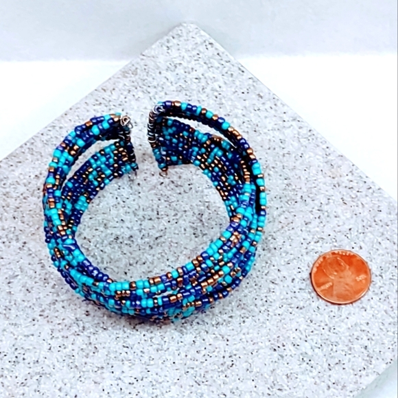 VINTAGE BOHEMIAN WESTERN TURQUOISE, PURPLE AND GOLD SEED BEAD WRAP BRACELET - Picture 6 of 8